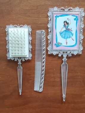 Vintage 1950's Clear Plastic Girl's Vanity Brush Comb & Mirror Set -Dancing Girl
